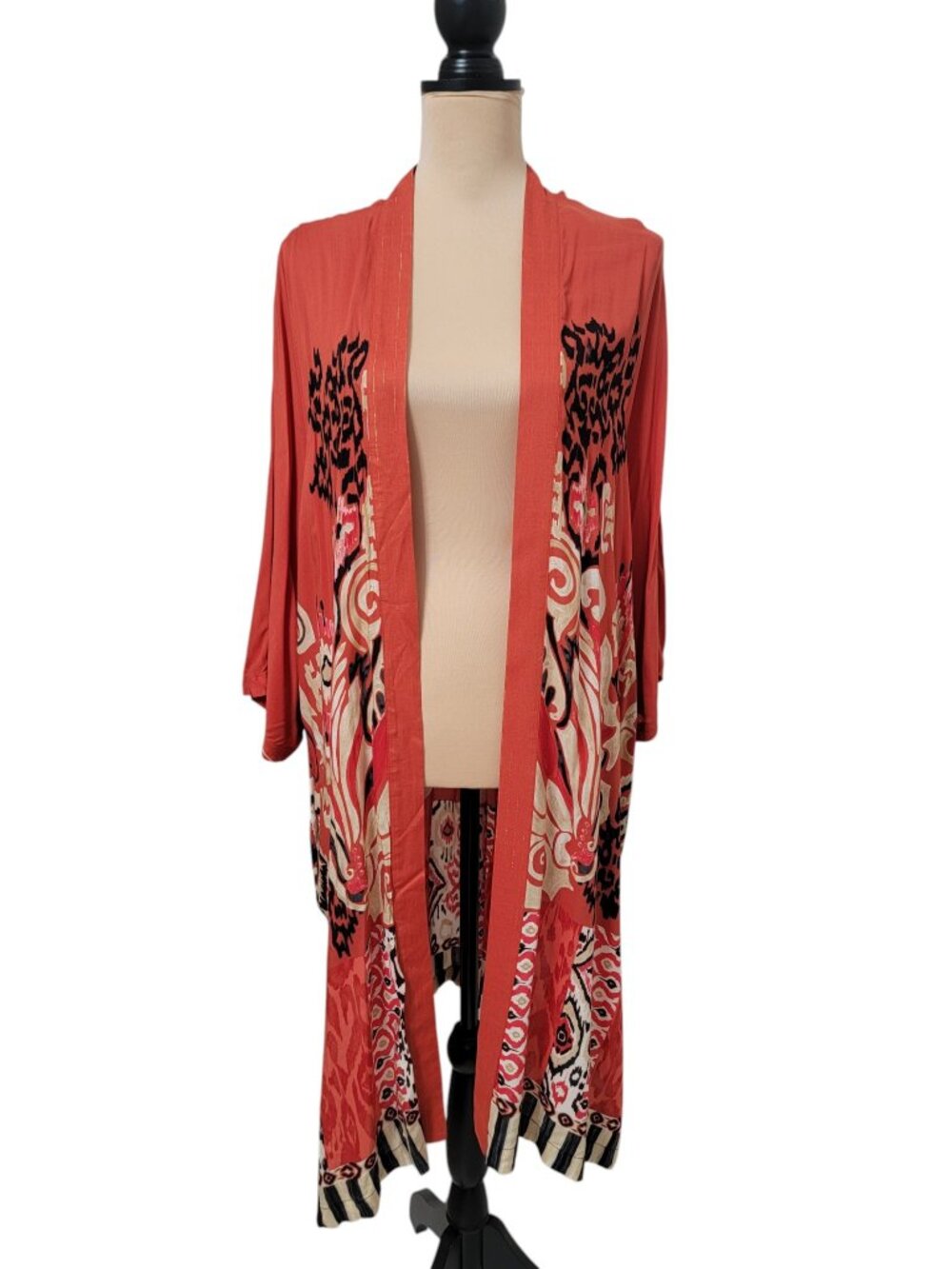 Chico's Size L / XL Tribal Paisley Drama Calypso Coral Ruana Kimono Duster